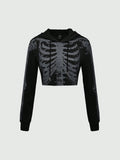 Grunge Punk Women's Cropped Dark Skeleton Print Sweatshirt