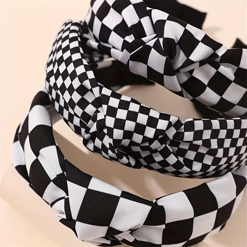Black‑and‑White Checkered Knot Headbands